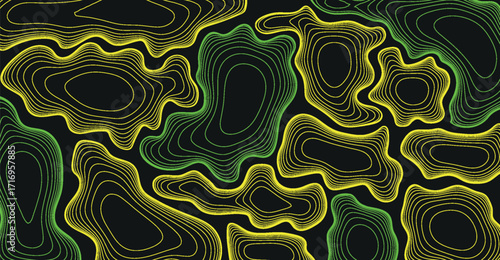 Abstract topographic pattern with glowing green and yellow contours on a black background.
