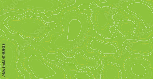 Abstract green topographical map design featuring contour lines and dotted paths, a graphic illustration.