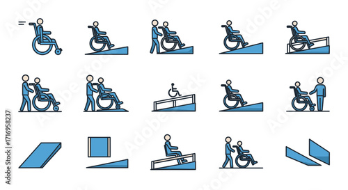 Accessibility Icons Wheelchair Ramps and Assistance for People with Disabilities.