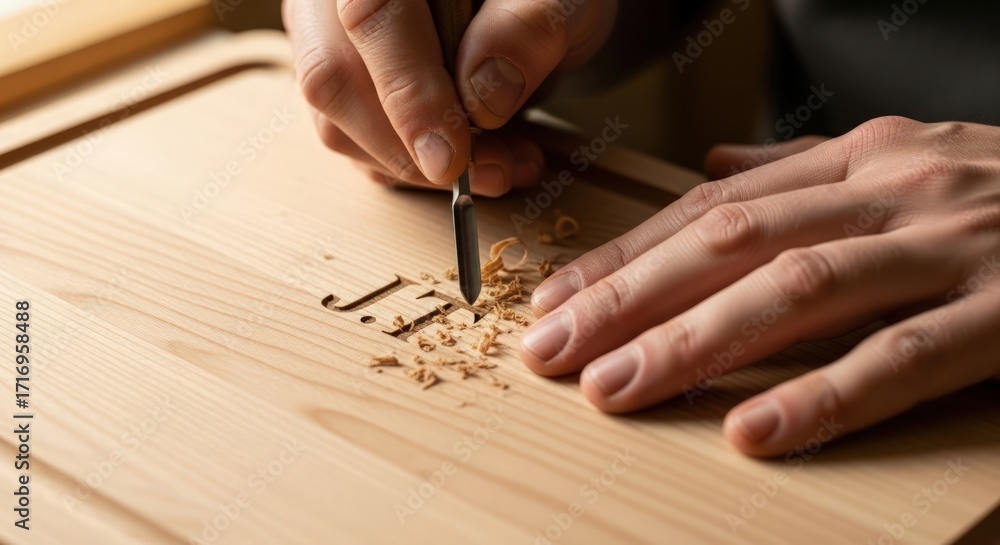 Naklejka premium A craftsman meticulously carves initials into a wooden surface with a sharp tool, creating wood shavings.