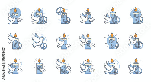 Candle Peace Dove Symbol Icons Set for Design.