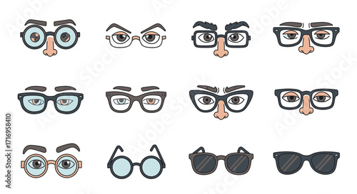 Cartoon Eyes and Glasses Set Expressive Facial Features with Various Eyewear Styles.