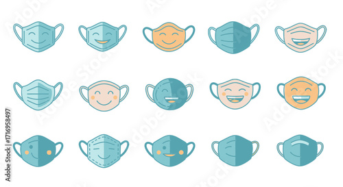 Collection of colorful face masks with different emotions and expressions.