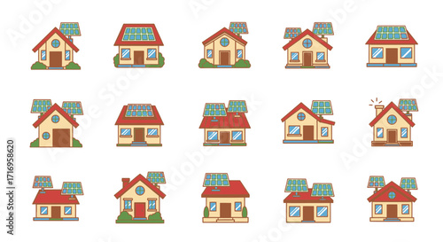Collection of Houses with Solar Panels Energy Efficiency Concept.