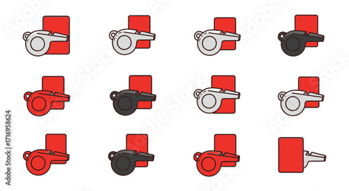 Collection of Referee Whistles and Red Cards for Sports and Games.