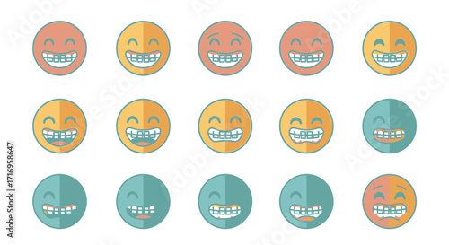 Collection of Smiling Emoticons with Braces in Various Colors.