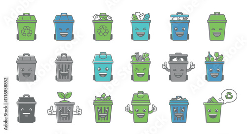 Cute Cartoon Recycling Bins with Happy Faces and Recycle Symbols.