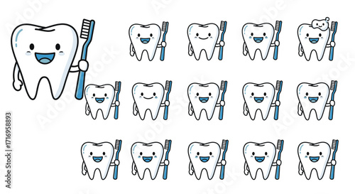 Cute Tooth Characters with Toothbrushes Dental Hygiene and Oral Care.
