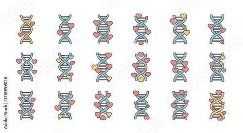 DNA double helix with hearts icons set.