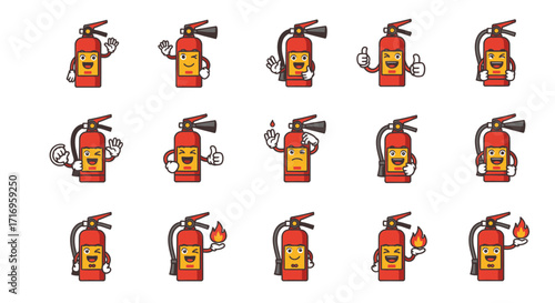 Fire Extinguisher Cartoon Character Set with Various Poses and Expressions.