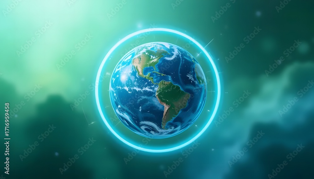 Naklejka premium Glowing Earth Globe Surrounded by Neon Ring, Abstract Background, Futuristic Concept.
