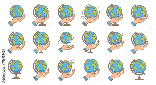 Hand Drawn Globe Icons Set on White Background.