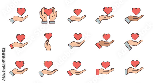 Hand Holding Heart Icon Set for Charity and Donation Concepts.