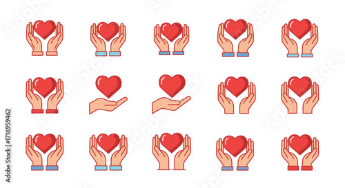 Hands Holding Heart Icons Set.