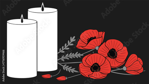 Cat Illustration with Two Tall Slender White Cylindrical Candles and Slight Details