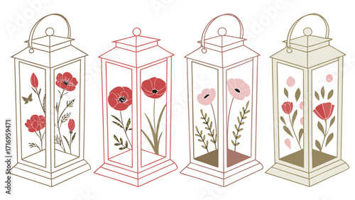 Watercolor Rendering of Four Decorative Asian Lanterns with Dog Illustration Elements