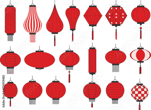 Red Chinese lantern collection in traditional festive designs, hanging paper lanterns for Chinese New Year, Mid-Autumn Festival, Lunar celebration decoration