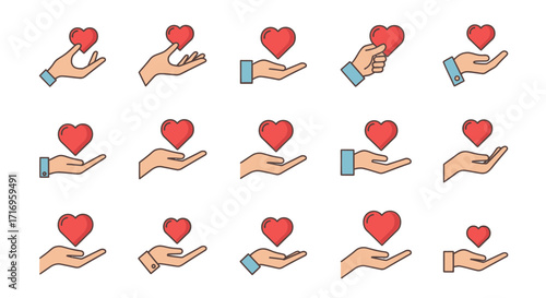 Hands Offering Hearts Charity and Donation Icons.