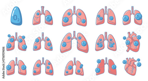 Human Lungs and Heart Medical Icon Set Illustration.