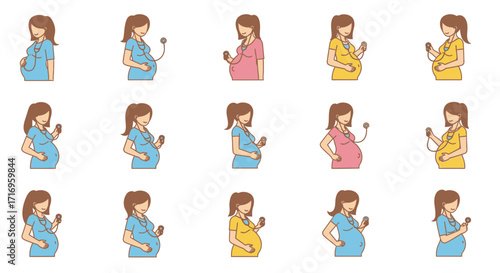 Pregnant Women with Stethoscopes and Smartphones Vector Set.