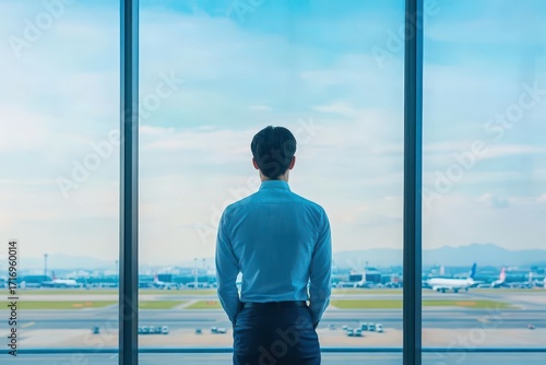 Business traveler standing indoors at airport terminal looking out the large window towards airplanes on runway with blue sky and clouds in background