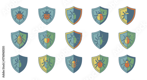 Set of Shield Icons with Various Insects and Bugs.