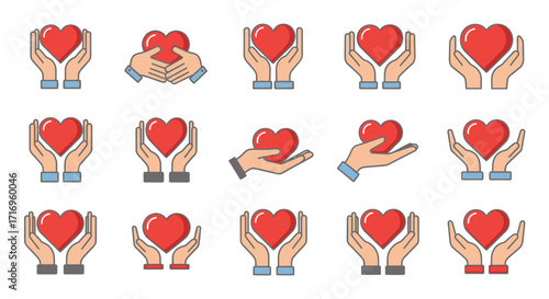 Set of Hands Holding Heart Icons for Love and Charity.
