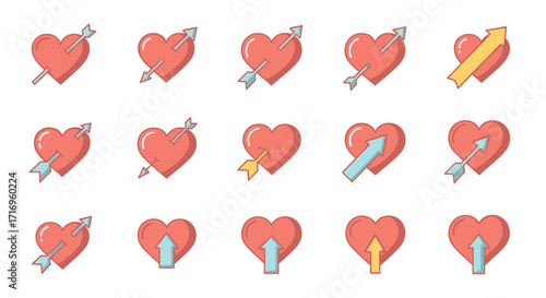 Vector set of heart icons pierced by arrows.