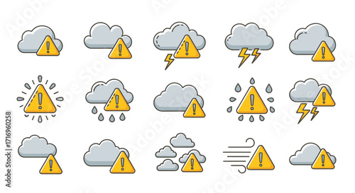 Weather Warning Icons Diverse Cloud and Alert Symbols.