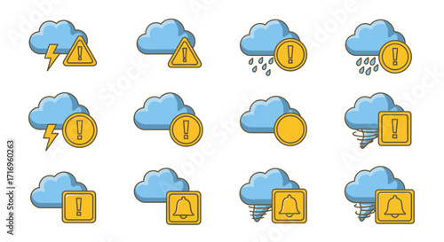 Weather Warning Icons Cloud Rain Lightning and Alert Symbols.