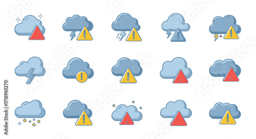 Weather Warning Icons Set Clouds with Exclamation Marks and Lightning.