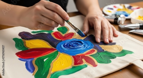A person's hands are shown painting a colorful floral design onto a canvas tote bag with a paintbrush.