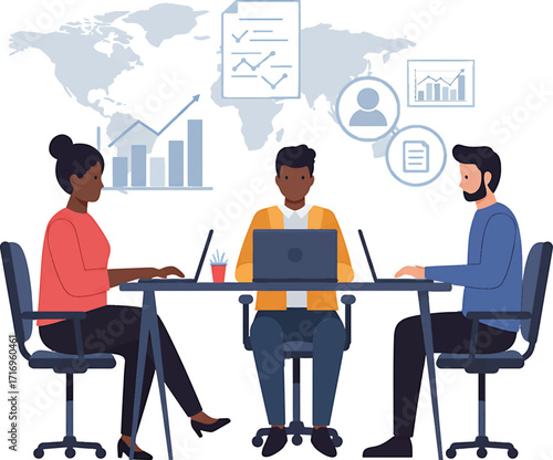 Three People Working at a Desk with Laptops and Charts.