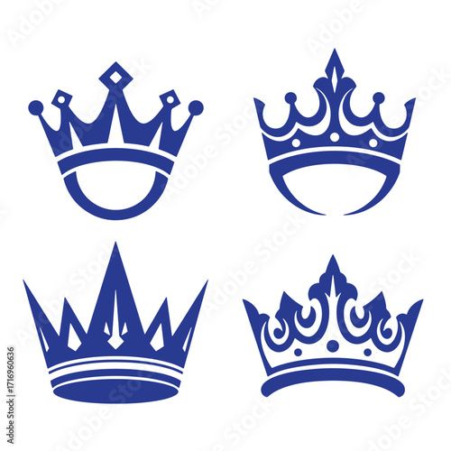 Four elegant blue crown silhouettes illustrating concepts of royalty and luxurious design