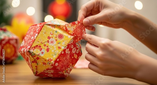 Hands carefully assembling a decorative geometric lantern made of colorful patterned paper, likely for a celebration.