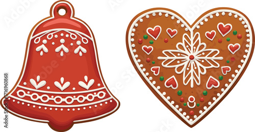Christmas gingerbread cookies shaped as festive bell and heart, decorated with icing patterns, holiday dessert treats for winter celebration and decoration