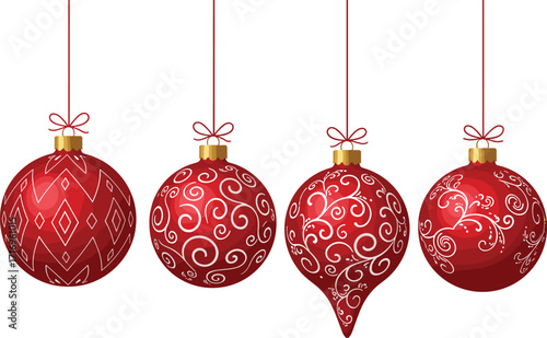 Red Christmas baubles with glossy surface, elegant white swirl and diamond patterns, festive holiday hanging ornaments for winter seasonal decoration