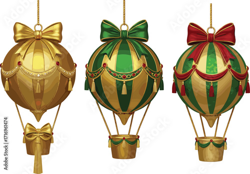 Luxury Christmas ornaments shaped like hot air balloons, gold green and red baubles with bows, tassels, festive holiday tree decorations