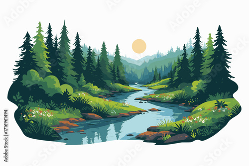 A vector illustration of a forest with a flowing river and lush vegetation, using solid colors and a white background
