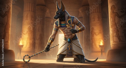 Anubis Egyptian God Character with Staff in Ancient Temple Scene