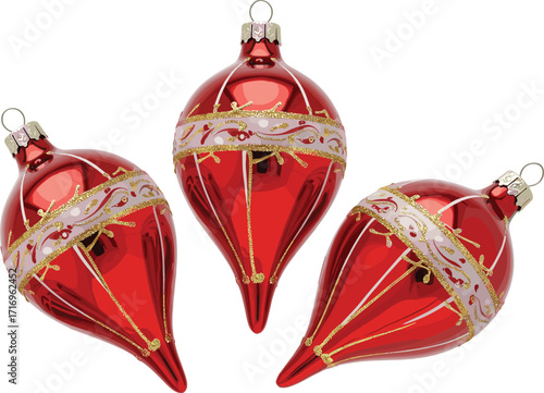 Elegant Christmas ornaments, shiny red baubles, festive glass decorations, pointed teardrop design, golden glitter details, holiday seasonal decor, classic Christmas celebration