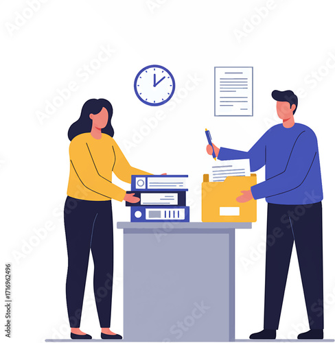 Two colleagues organizing office files woman holding blue binders man handling documents in a yellow folder pen in hand.