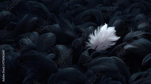 Striking contrast of single white feather amidst sea of dark, textured feathers creates captivating visual. delicate white feather stands out, evoking feelings of purity and tranquility rich