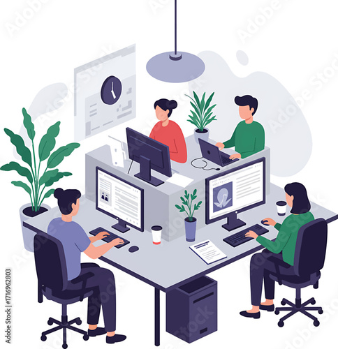 Team of Four Working at Modern Office Desks.
