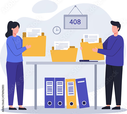 Two stylized people holding yellow folders with documents in an office.