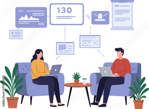 Two People Working on Laptops Sitting in Armchairs Modern Office Illustration.