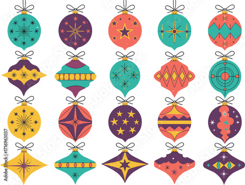 Retro mid century modern Christmas ornaments, vintage starburst baubles, colorful holiday decorations, atomic style vector illustration, festive seasonal decor