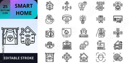 A modern set of 25 vector icons featuring smart home devices, IoT technology, energy monitoring, security, and automation. Ideal for apps, websites, and UI design projects