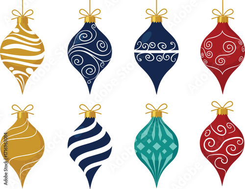 Elegant Christmas ornaments vector set, gold navy red teal holiday baubles, festive swirl design, classic seasonal decoration, modern Christmas decor