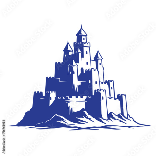 Majestic blue castle silhouette on a rocky hillside for fantasy and architectural designs